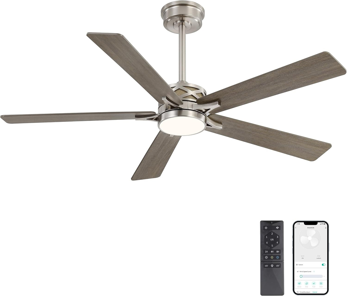 WINGBO 60" Smart Ceiling Fan with Lights and 3 Downrods, 5 Plywood Blades, 6 Speeds Reversible DC Motor, Works with Alexa and Google Assistant, 3CCT Dimmable LED Large Ceiling Fans, Nickel and Grey