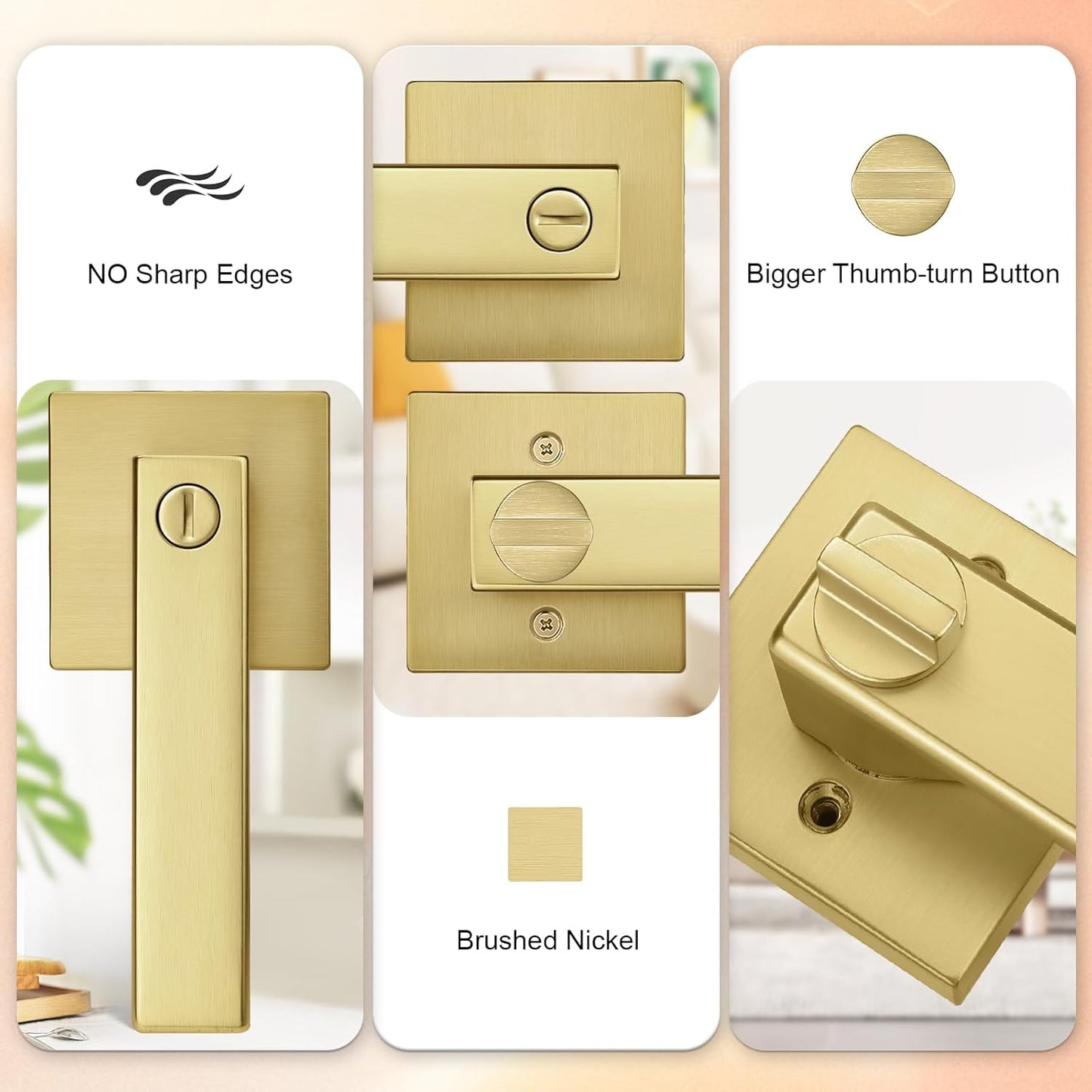 Probrico Heavy Duty Flat Gold Door Handles Square Privacy Interior Door Levers Bedroom and Bathroom Door Handles Keyless Bed/Bath Lockset (5 Pack)
