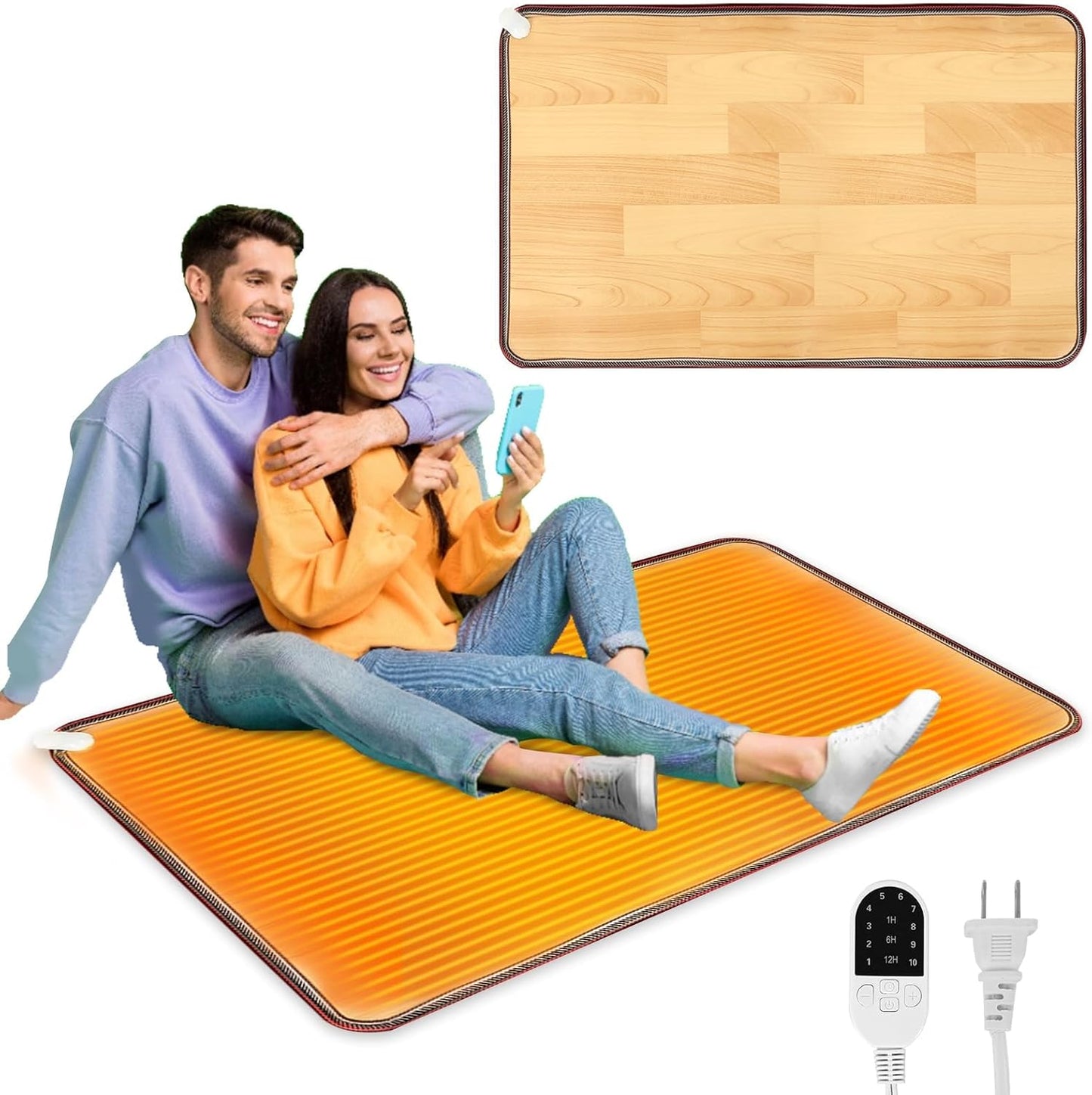 PVC 110V Heated Floor Mat Heater for Foot Warmer Under Desk 31.5 x 20 Inch Carbon Crystal Wood Stripe Electric Heating Carpet Pad Energy Saving Indoor Heated Rug for Home Office House Brown