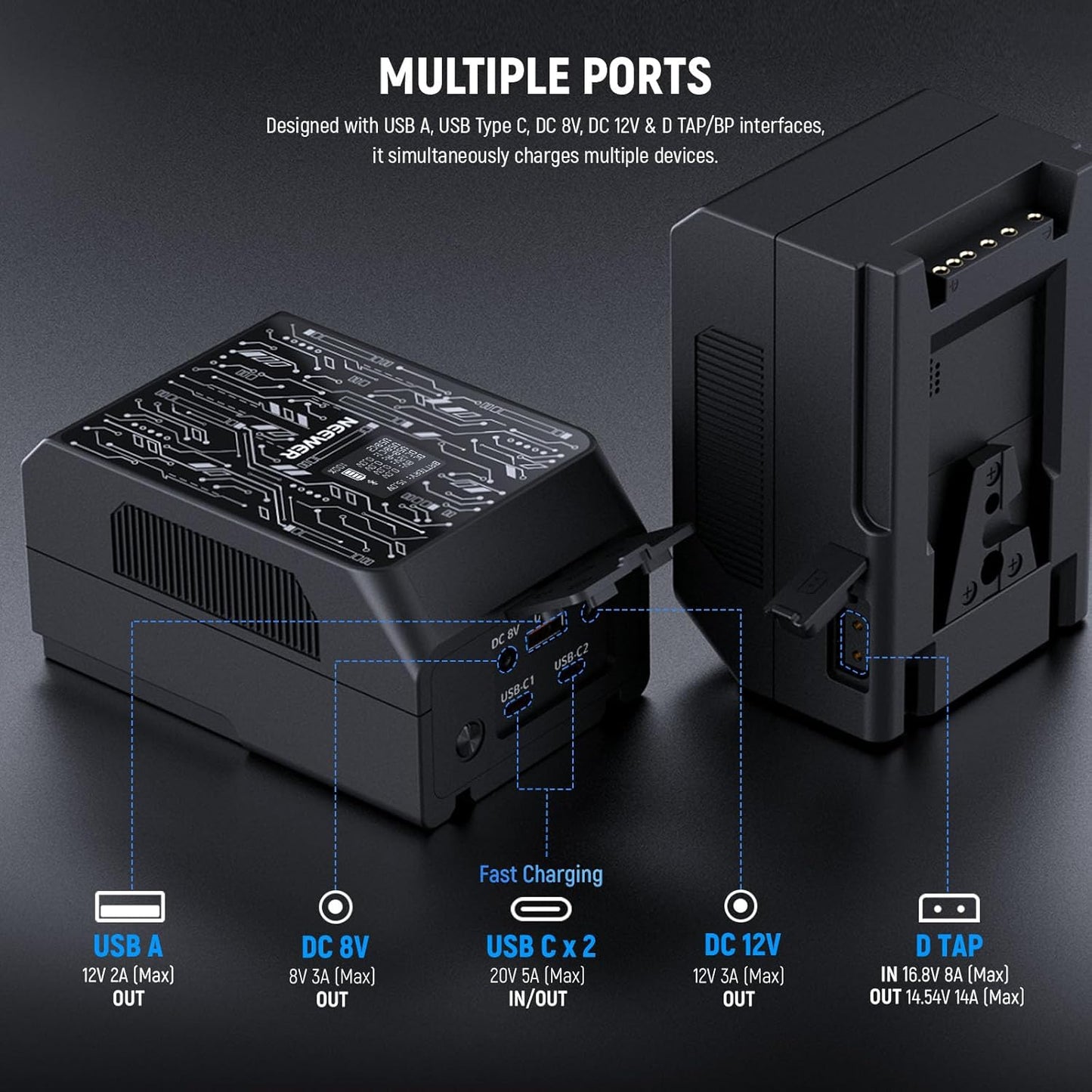 NEEWER Smart Mini V Mount Battery NEEWER APP Control, 6800mAh 99Wh 14.5V with 100W PD Fast Charging, OLED, Dual USB C/D Tap/BP/USB A/Dual DC Ports, Compatible with BMPCC 4k 6k Camcorder Camera, PS099S