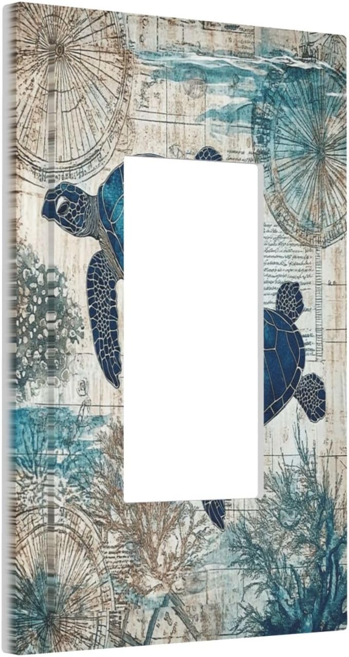 Blue Green Sea Turtle Tropical Ocean Coral Nautical Map Decorative Outlet Covers 1 Gang Single Rocker Light Switch Cover Plate Wall Plates Gfci Faceplate For Bed Room Bathroom Decor