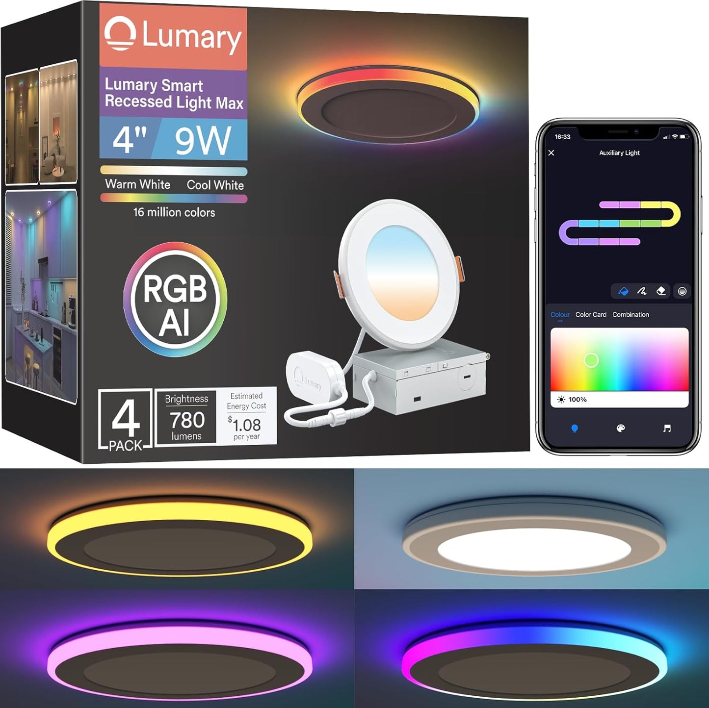 Lumary RGBAI Smart Recessed Lighting 4 Inch with Gradient Accent and Night Ring, 9W 780LM WiFi Canless Wafer Downlight with Junction Box, LED Downlight Work with Alexa/Google Assistant/Siri, 4PCS