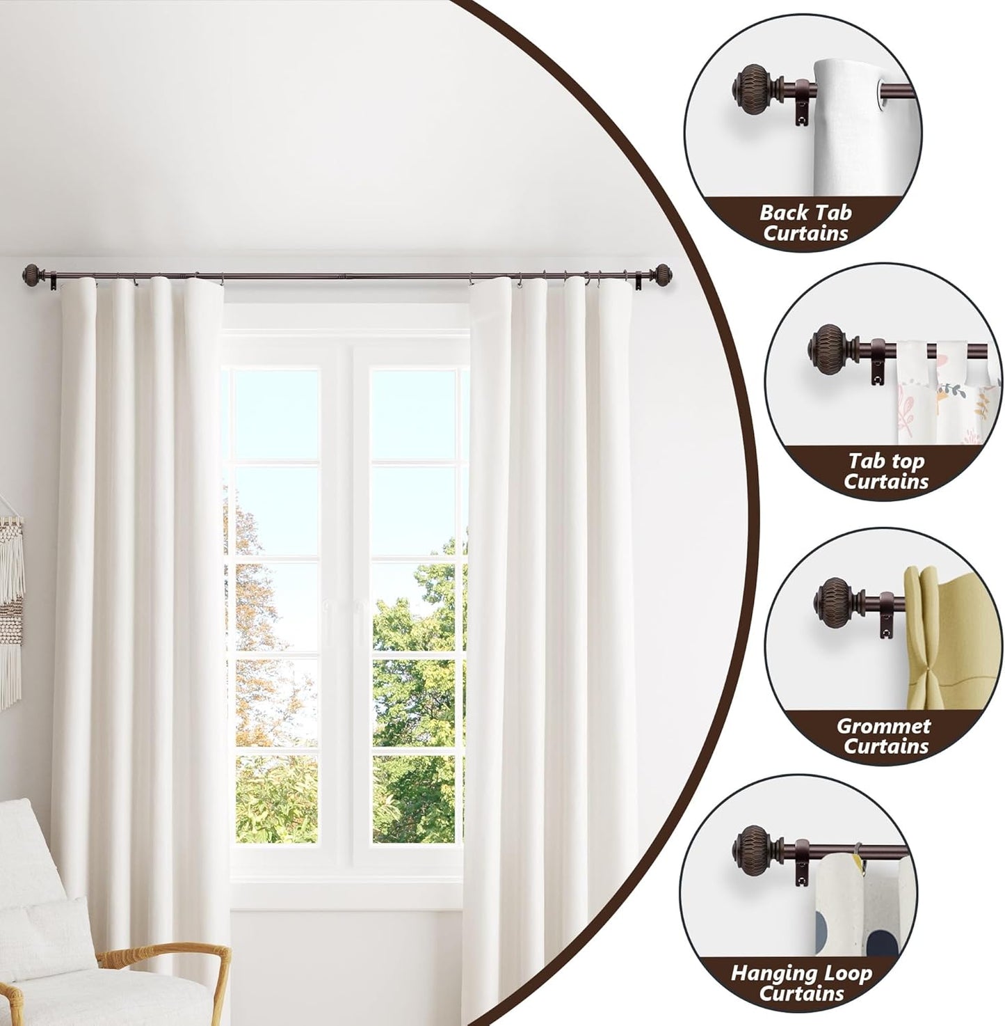 Bronze Curtain Rods for Windows 28 to 48 Inches, 6/8 Inch Adjustable Heavy Duty, Lantern Ball Finials, Window Treatment Single Rod Set