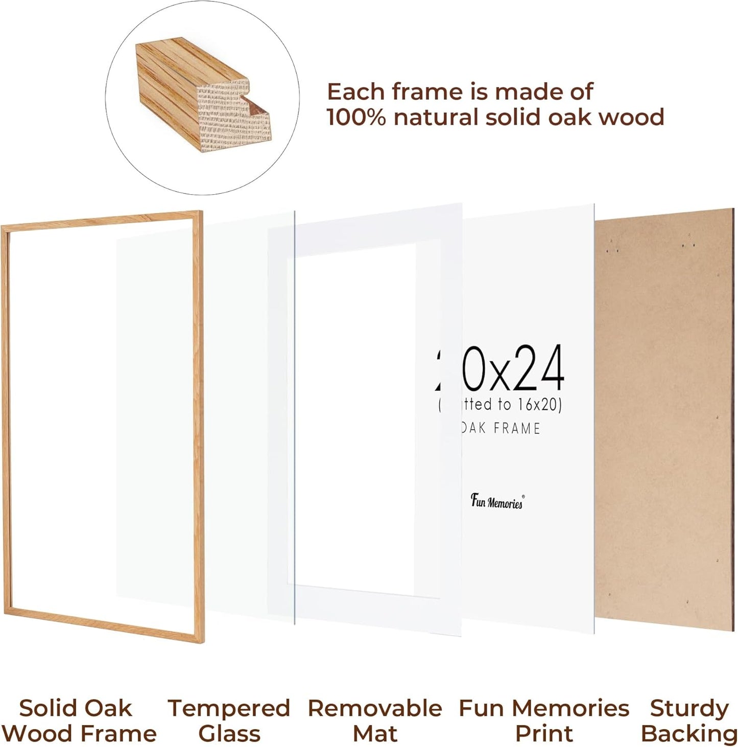 Rustic Oak Wooden Picture Frame, 20x24 with Tempered Glass, Matted to 16x20 (Natural Oak, 1 Pack)