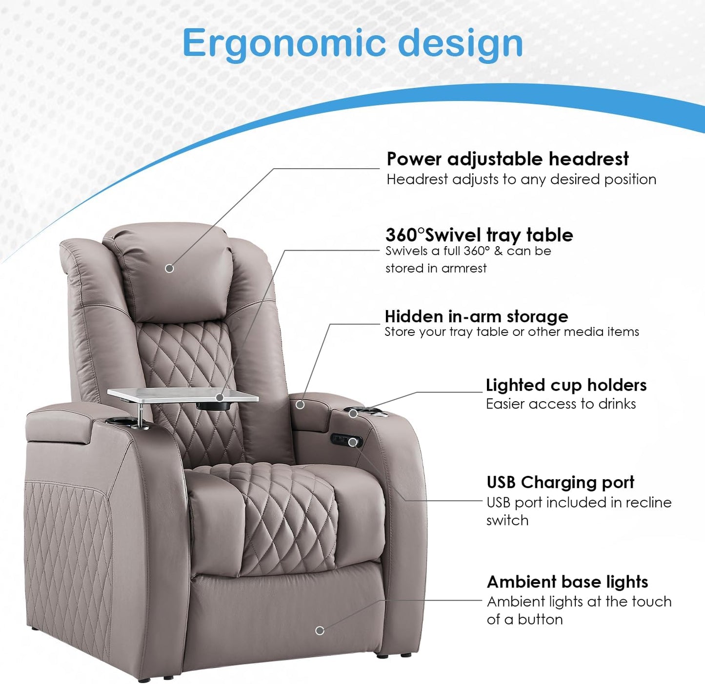 Weilianda Home Theater Seating Top Grain Leather Zero Gravity Recliner Chair Power Headrest Recline Movie Seat Gaming 7 Colors Mood Light Sofa with Tray Table USB Charge Row of 4 Grey