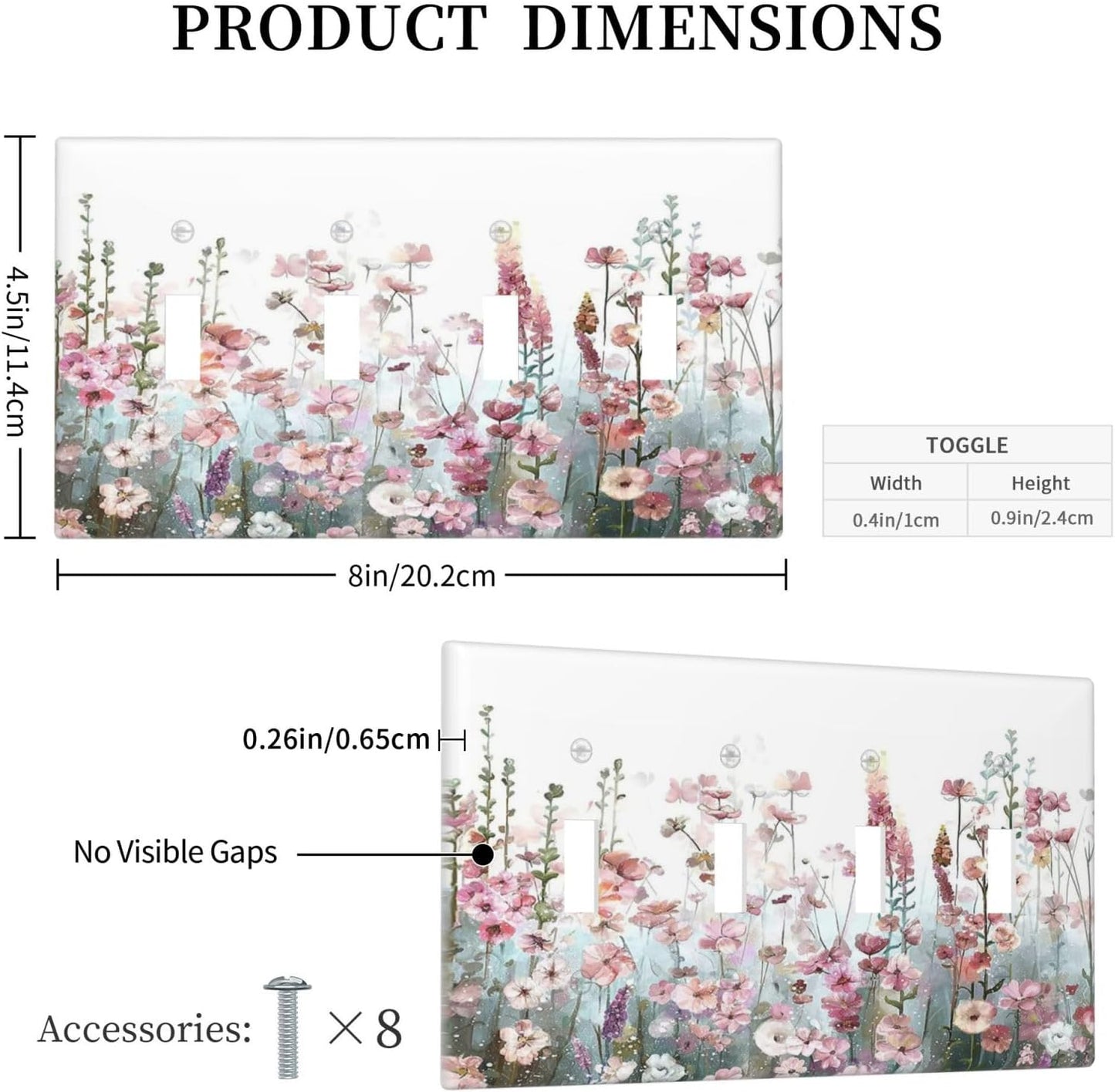 Colorful Flowers Pink Floral Watercolor Plant Light Switch Covers Quad Toggle Electrical Faceplate 4 Gang Wall Plate Decorative Switch Plates for Bed Room Living Room Decor
