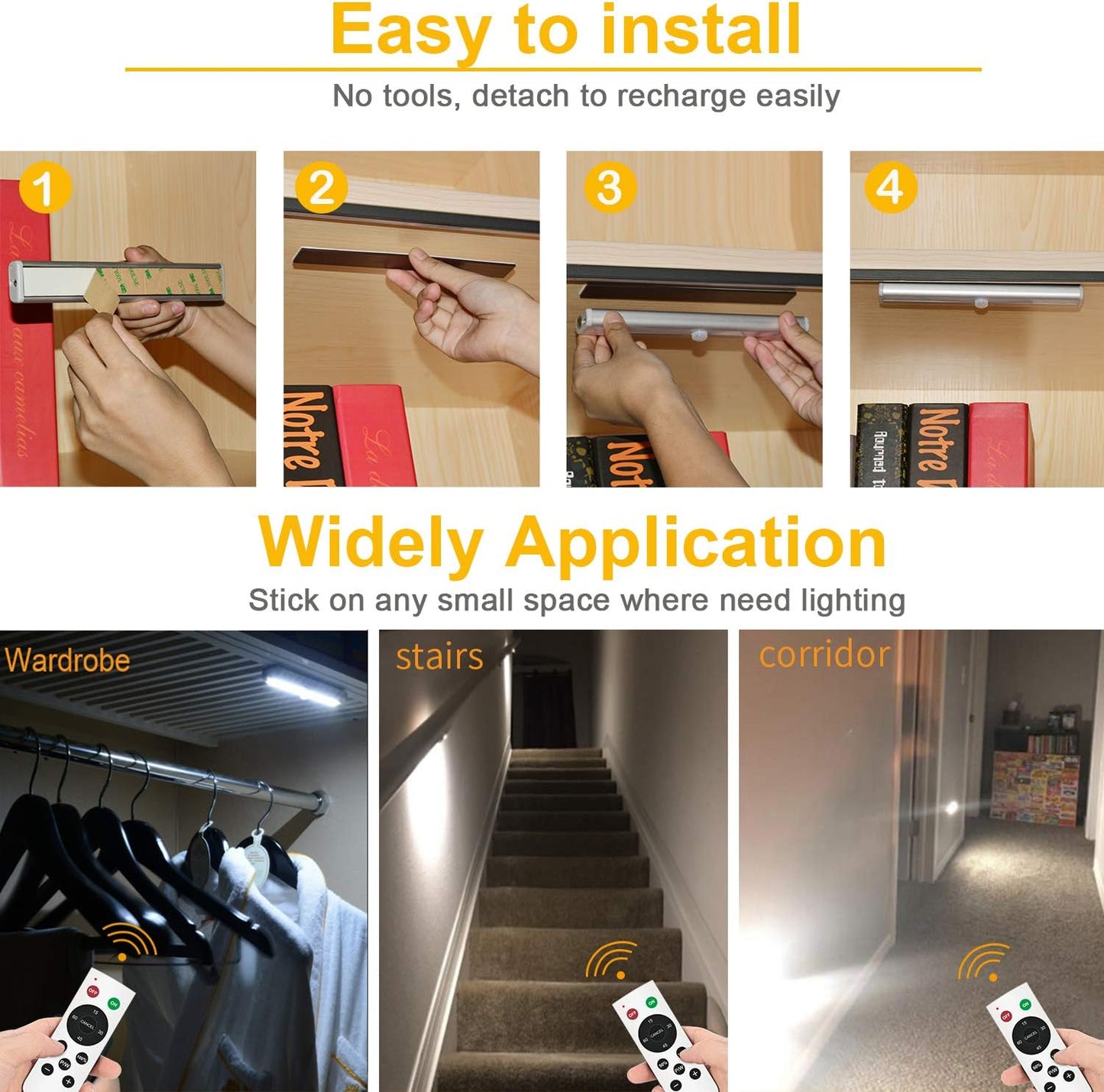 Remote Control Under Cabinet Lighting Wireless 6 Pack, 20-LED Dimmable Closet Lights Rechargeable Under Counter Light, Stick on Touch Night Light Strip Bar for Kitchen Stairway Bedroom, 3 Colors