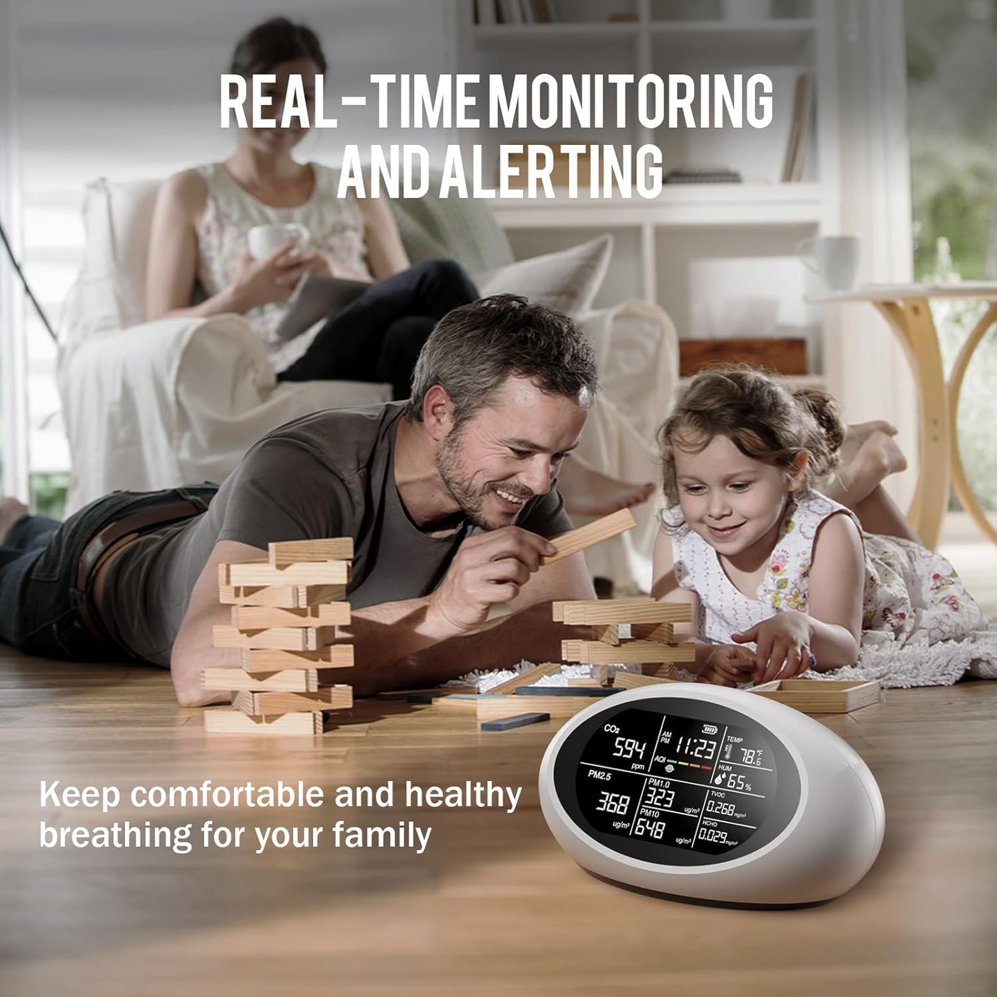 18 in 1 Air Quality Monitor Indoor, Portable CO2 Detector for CO2, Temperature (°F), Humidity, VOC, PM2.5, PM1.0, PM10 & Time Display, 【Dual Chip & High Accuracy】Air Quality Tester for Home