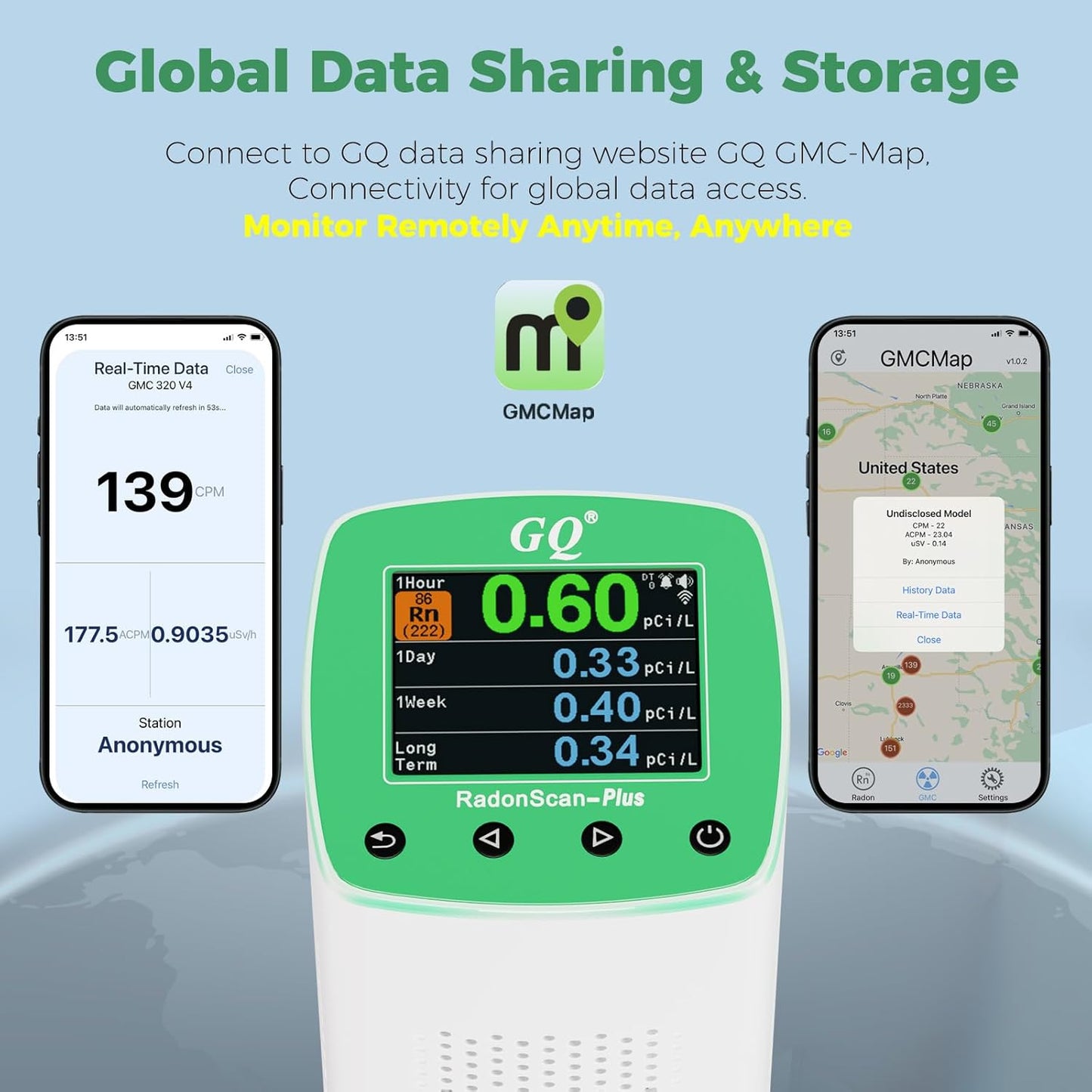 GQ RadonScan-Plus Radon Gas Digital Detector Worldwide Remote Monitoring Fast Accurate Detection Simple Color Display USA Design Real-time Data App Data Logging & Sharing