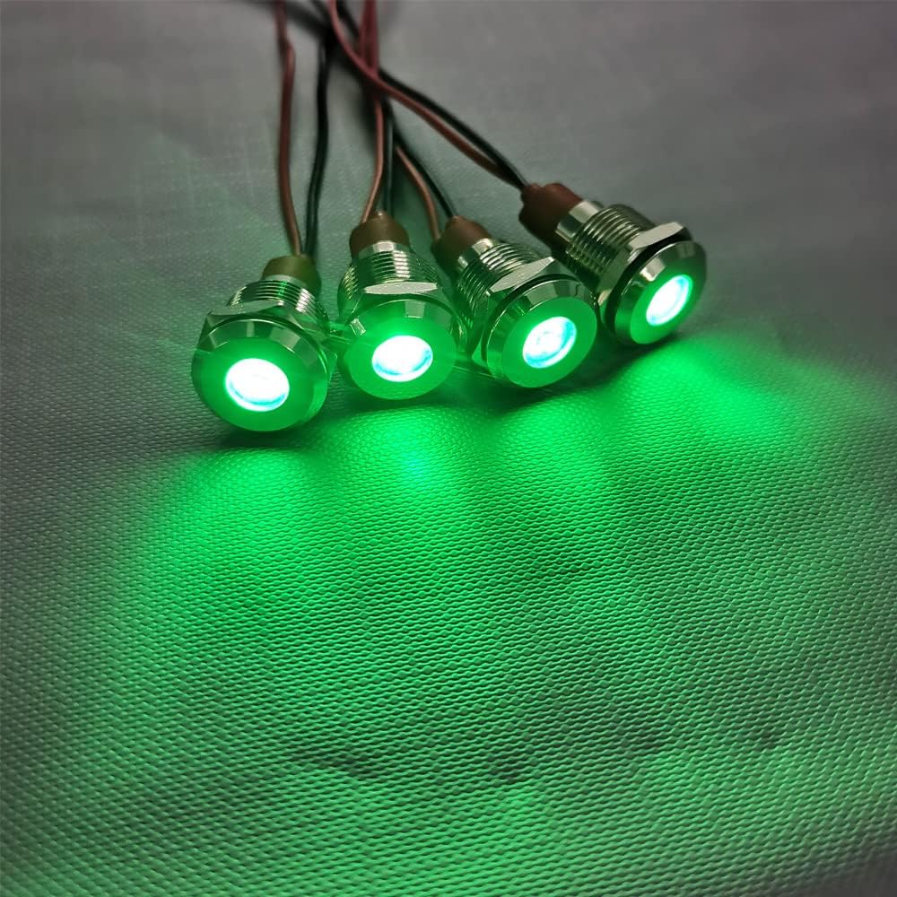 5pcs 10mm LED Metal Indicator Light AC/DC 12-24V Waterproof Signal Lamp Pilot Dash Directional with Wire(Green)