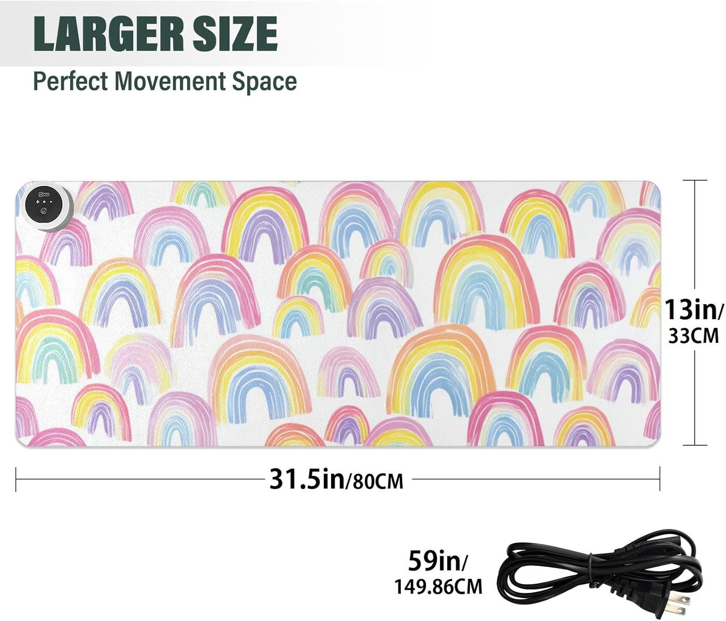 Heated Desk Pad Mouse Pad 31.5x13 Inch PU Leather Desk Mat with 3 Heat Levels Large Mouse Gaming Computer Laptop Mat Gradient Cute Rainbows