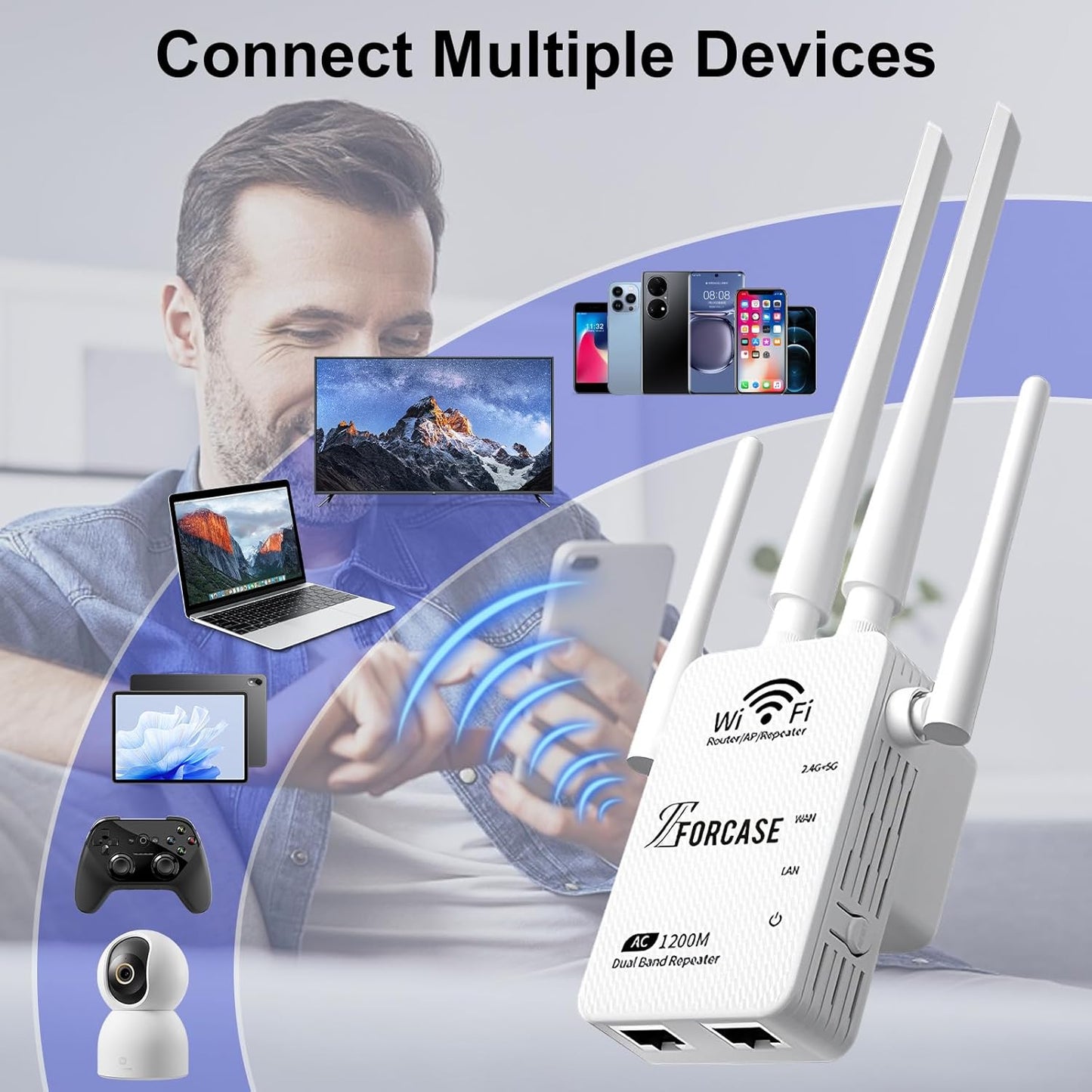 WiFi Extender Signal Booster Dual Band 5.8GHz&2.4GHz, w/6 Antennas WiFi Booster for Home Coverage up to 10200 Sq.ft, Signal Amplifier 1200Mbps WiFi Repeater w/Ethernet Port, 1-Tap Setup