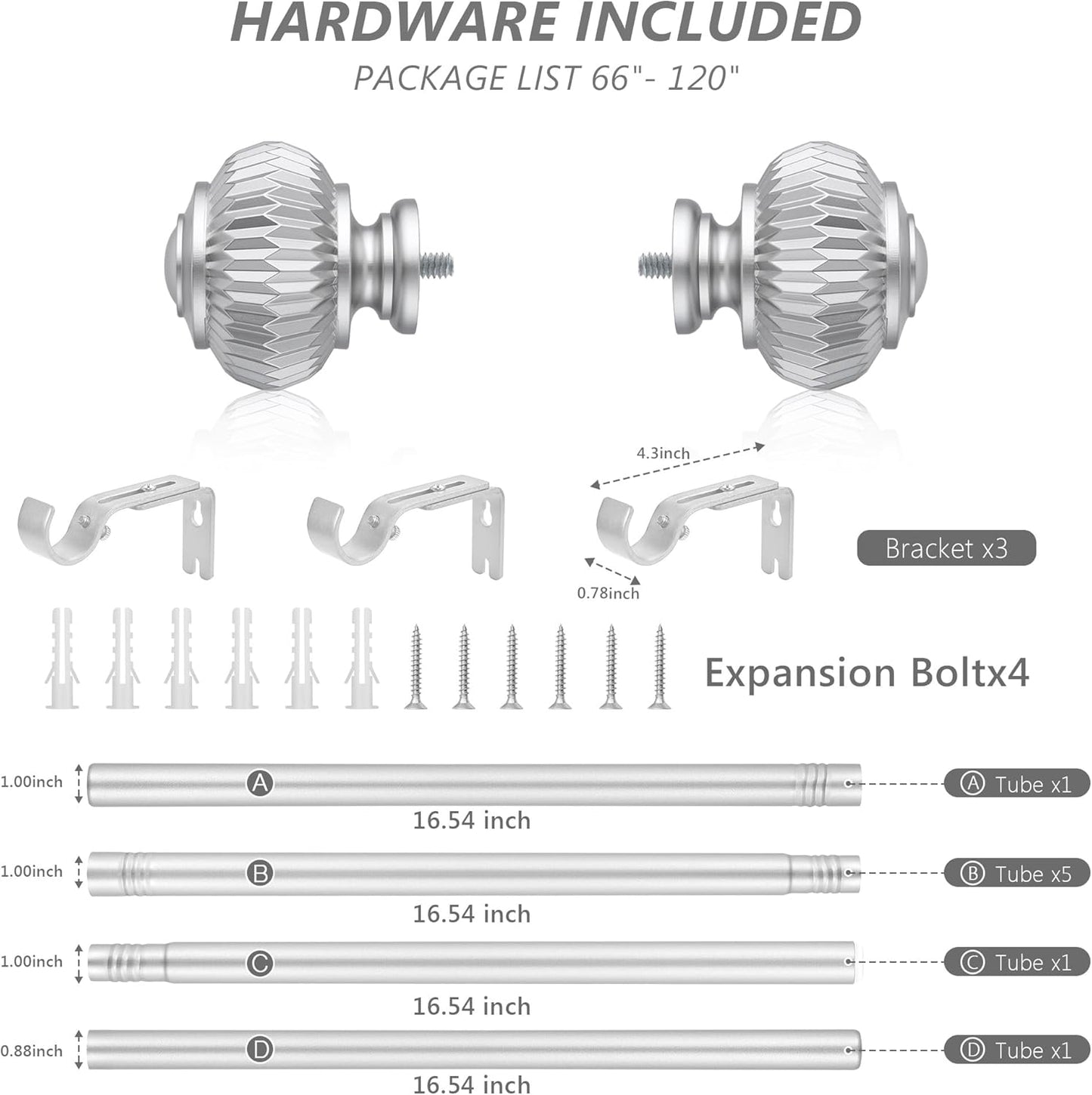 Silver Curtain Rods for Windows 66 to 120 Inches 1 Inch Adjustable Heavy Duty Curtain Rods with Lantern Ball Finials,Window Treatment Single Curtain Rod Set