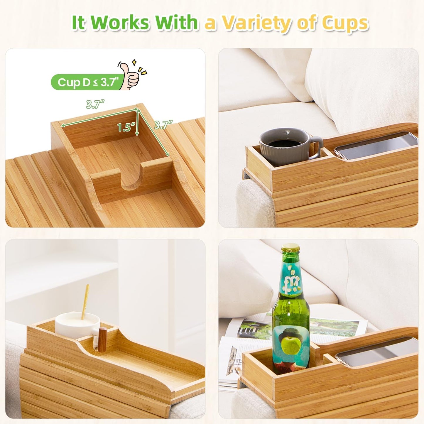 GEHE Couch Cup Holder, Anti Falling Sofa Arm Tray, Natural Bamboo Sofa Cup Holder More Safe for You Family, Portable Couch Arm Tray Armrest Table for Remote, Snacks, Phone, Drinks