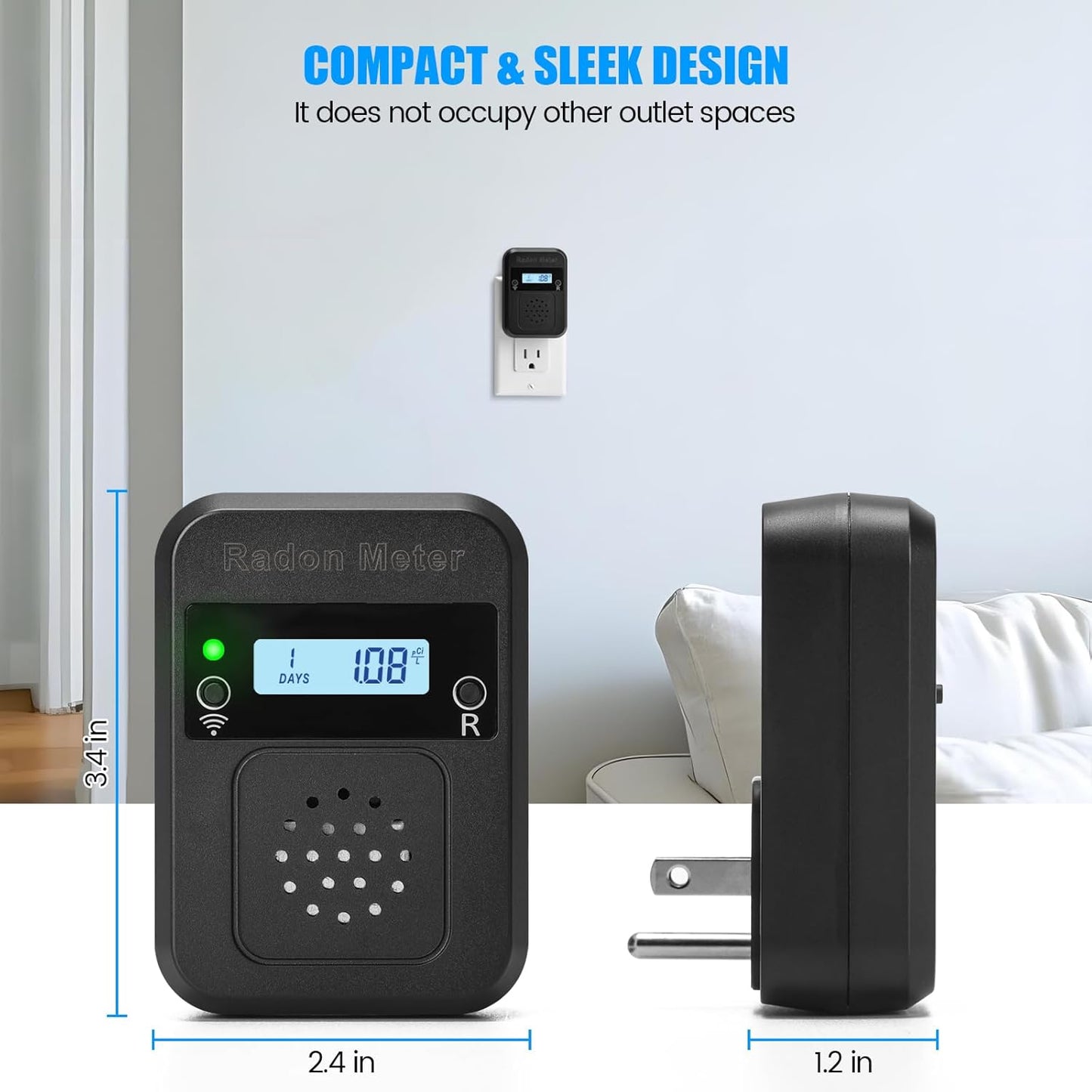 WiFi Home Radon Detector, Portable Radon Meter with Real-Time Short & Long-Term Monitoring, Plug-in Design, Instant Alerts & App Control