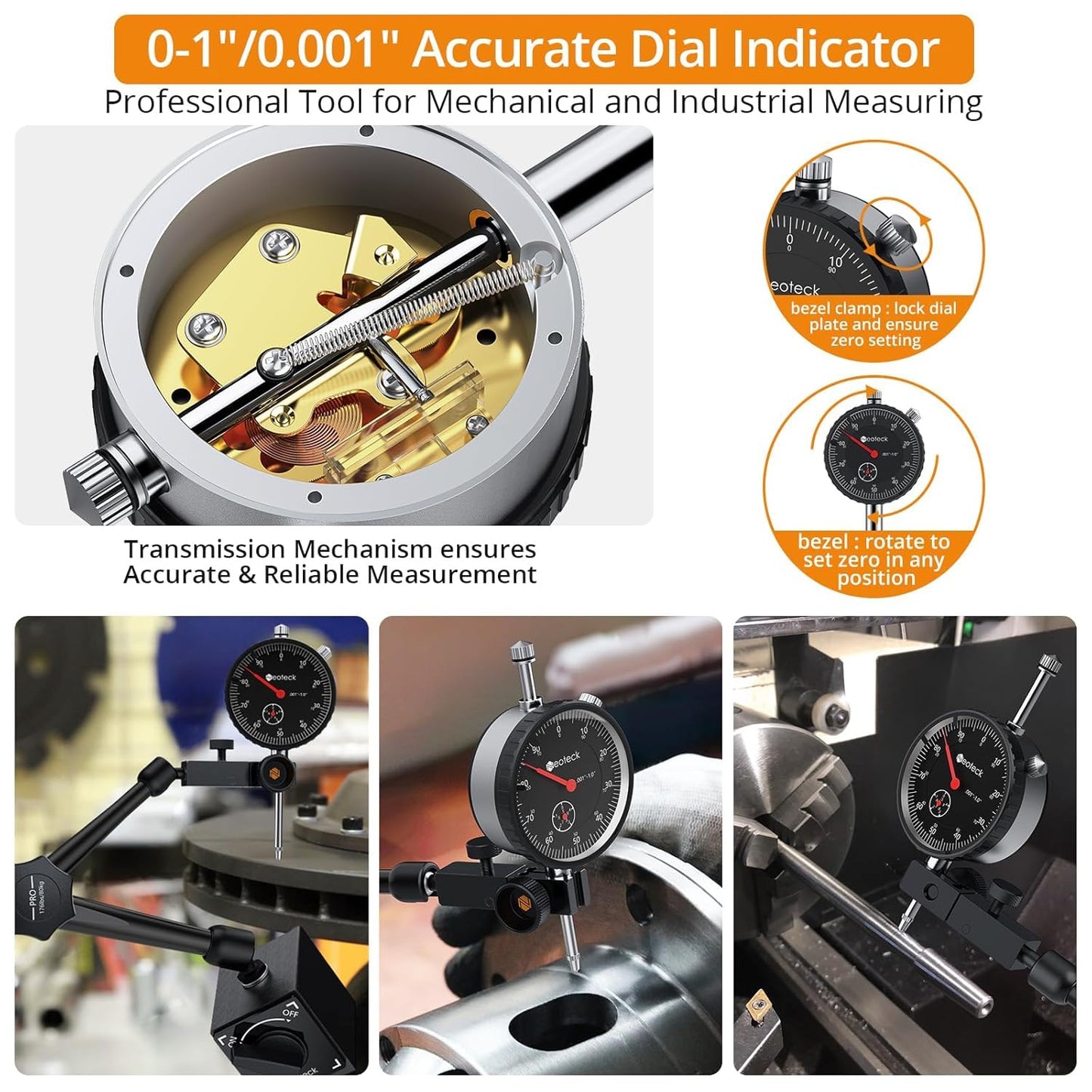 Neoteck 0-1"/0.001" Dial Indicator and Magnetic Base Set with Storage Case, Dial Gauge and Magnetic Holder for 3D Printer Lathe Workshop CNC Machine Table Saw- 176lbs (80kg) Max Pull-Black