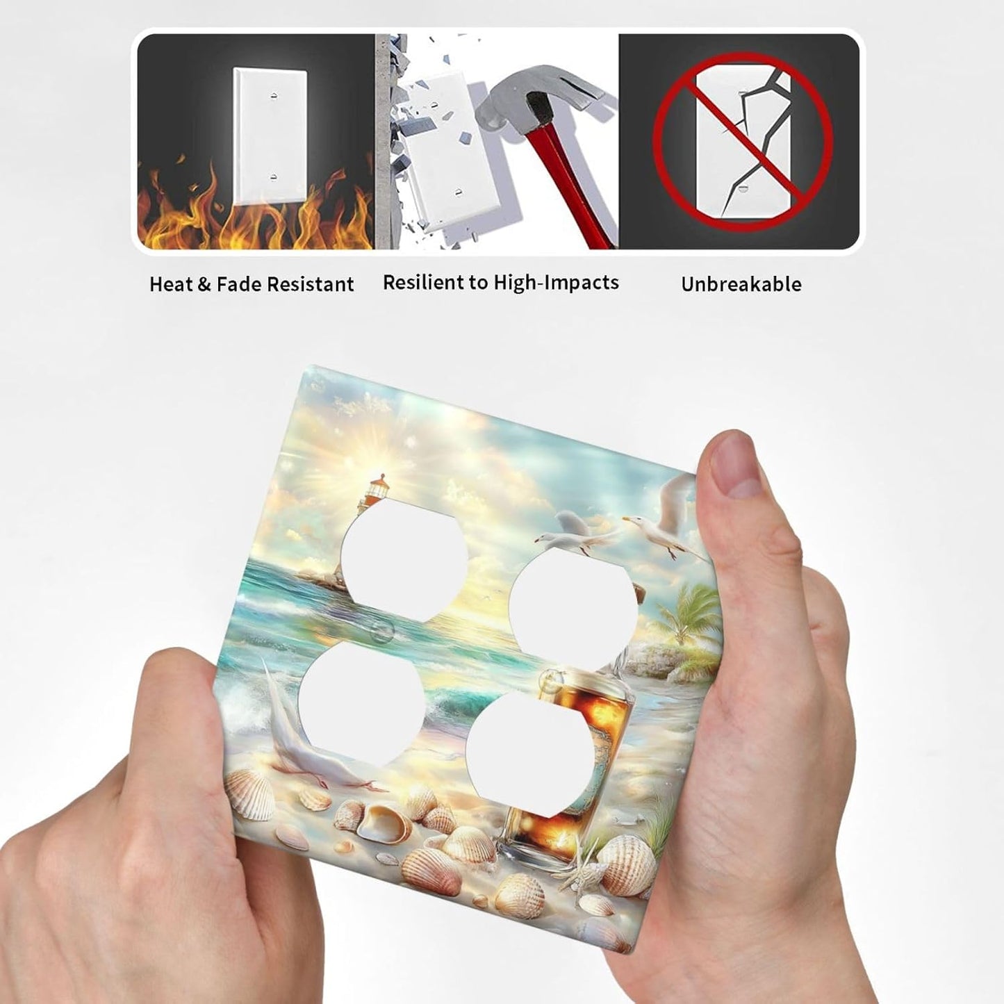 Outlet Covers Beach Ocean Lighthouse Seashells 2 Gang Double Duplex Decorative Light Switch Covers Electrical Wallplates Socket Faceplate For Bed Room Living Room Decor