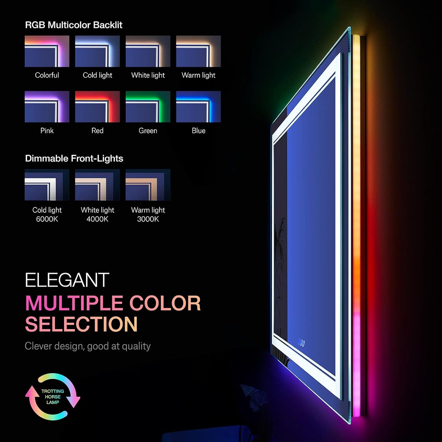 24x32 inch LED Bathroom Mirror RGB Color Changing Backlit Mirror Shatterproof Dimmable Anti-Fog Vanity Mirror with Double Lights (RGB Multicolor Backlit + Adjustable Front-Lighted)
