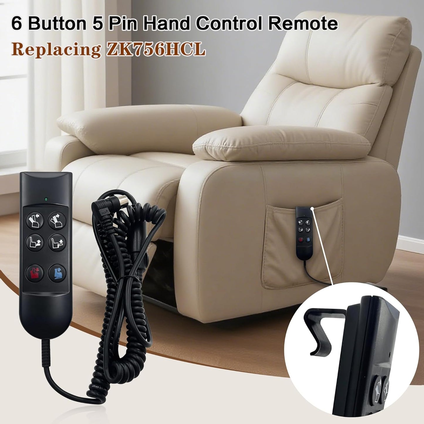 Lift Chair Power Recliner 6 Button 5 Pin Hand Control Remote Replacing ZK756HCL Replacement