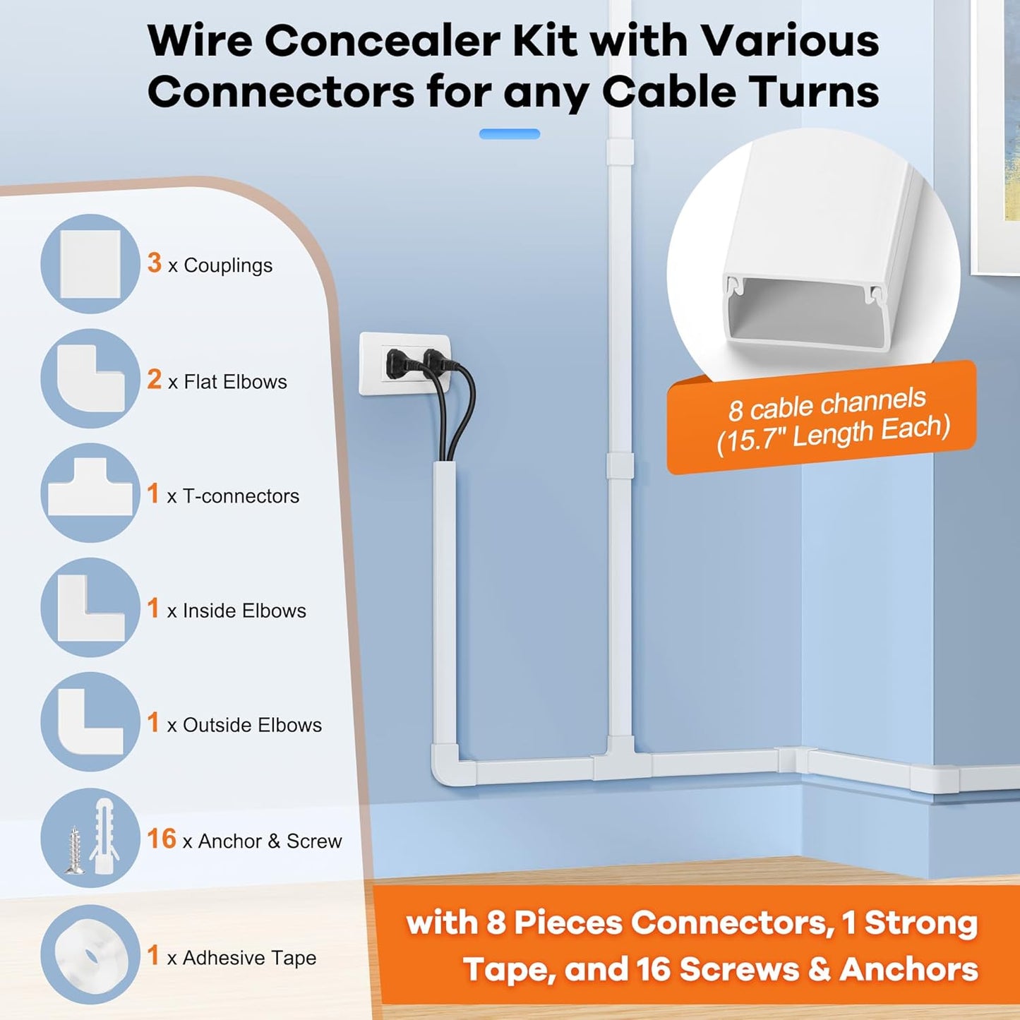 126in Cord Hider Kit, ZhiYo Wire Hiders for TV on Wall, Paintable Cable Management Kit, Wire Cover for Wall Mount TV, White Cable Raceway, Cord Cover Wire Management Kit, 8 x L15.7in W1.18in H0.67in