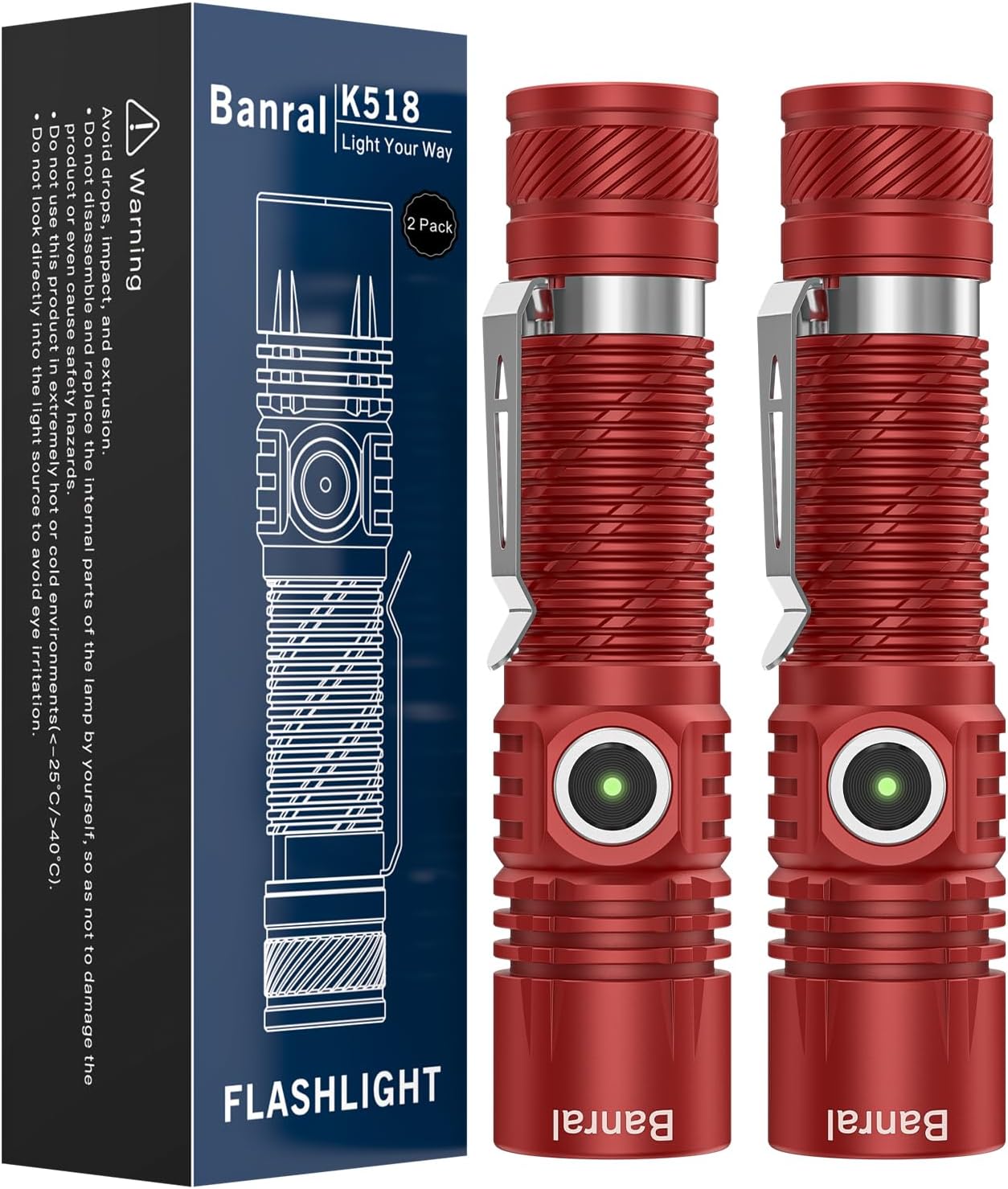 Banral Rechargeable Tactical Flashlights, High Lumens Small Mini USB-C LED Flashlight, Compact EDC Flash Light, 4 Modes&Memory Function, Waterproof Pocket Lights for Home,Camping,Emergency (2, Red)
