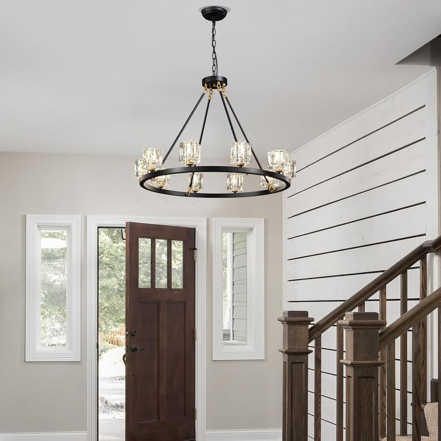 Black Wagon Wheel Chandelier,10-Lights Crystal Chandeleirs with Adjustable Height, Dining Room Light Fixture, Hanging Lights for Kitchen Island, Living Room, Bedroom, Entryway, G9 Base