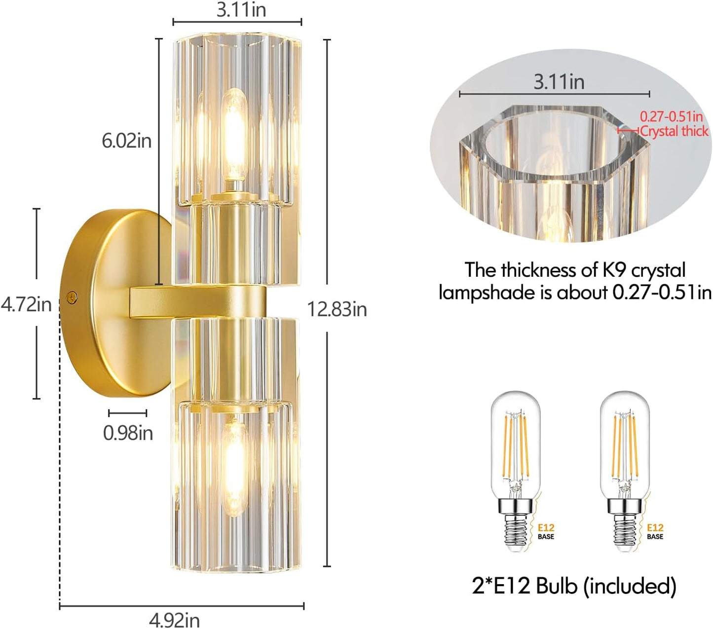 Modern Gold Wall Sconces Set of Two Bedroom Crystal Wall Sconces Indoor Sconces Wall Lighting Living Room Sconces with K9 Crystal Lampshade for Bathroom Hallway Entryway Stairway