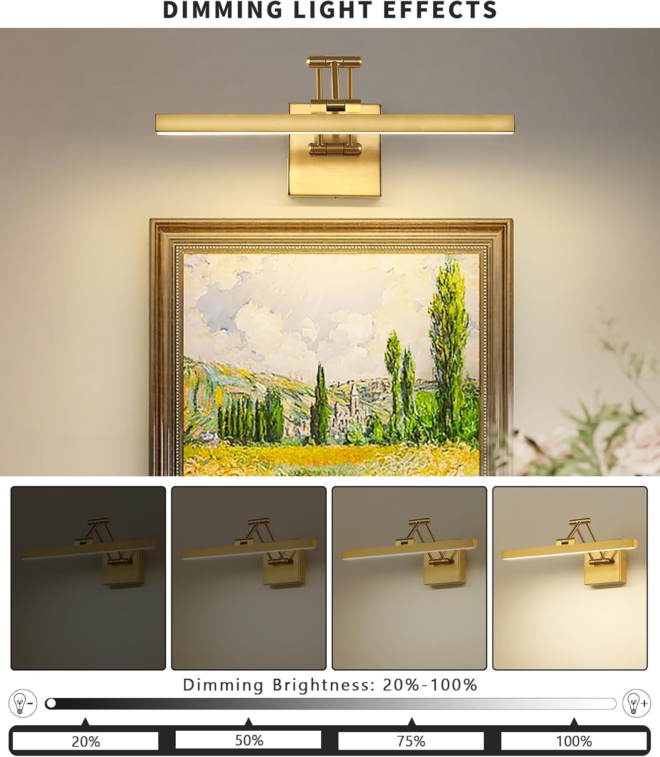 Hard-Wired Picture Light Dimmable LED Picture Lights for Paintings 15.7" Inch Brass Metal Body Wall Pictures with Adjustable Gold Swing Arm Art Display Lamps 7W 3000K Warm White Book Light