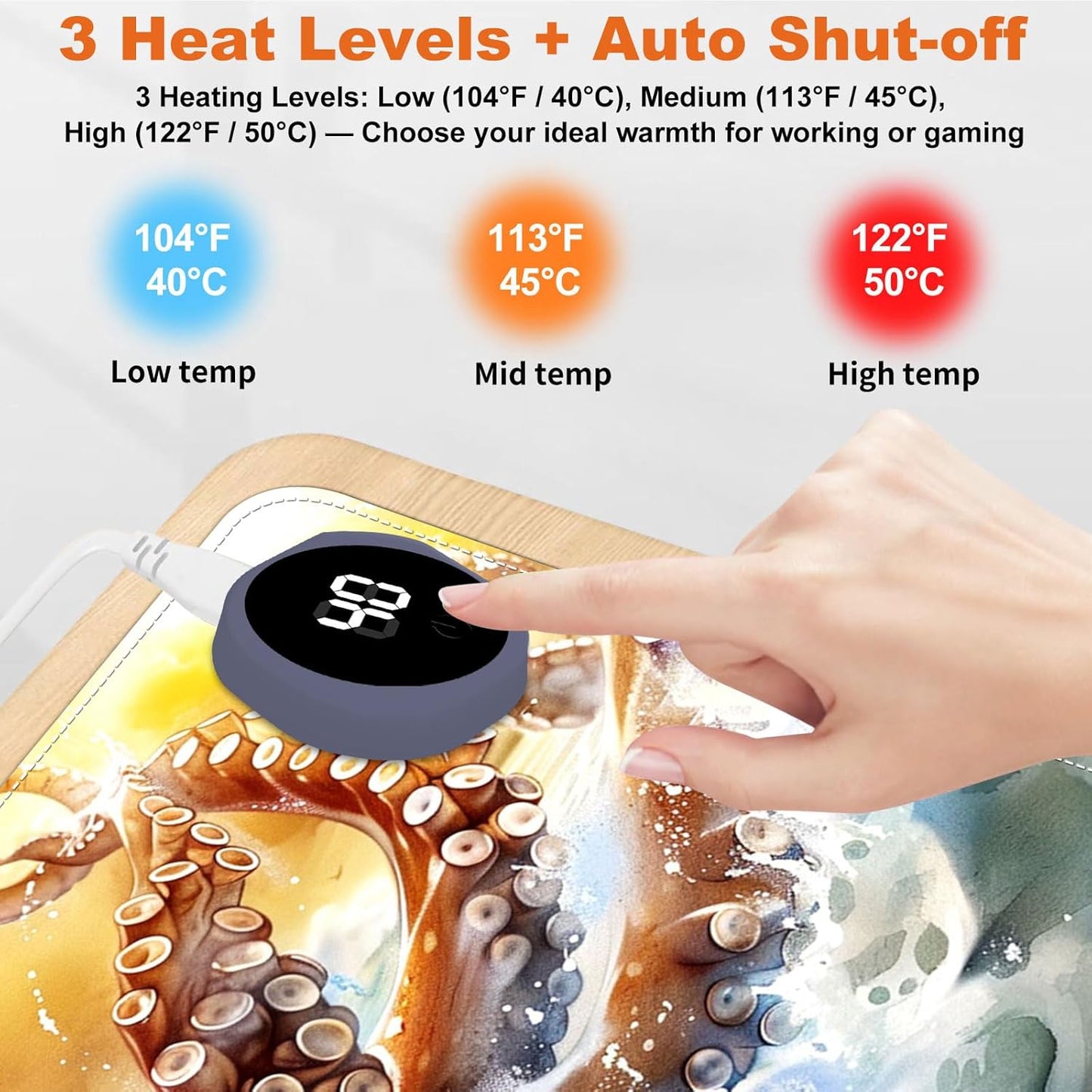 Small Heated Desk Pad 23.6" x 14.2" – Compact Electric Mouse Pad with 3 Heating Levels, Auto Shut-Off, Waterproof PU Surface, Plug-in Warmer for Office or Home Use, Ocean Octopus