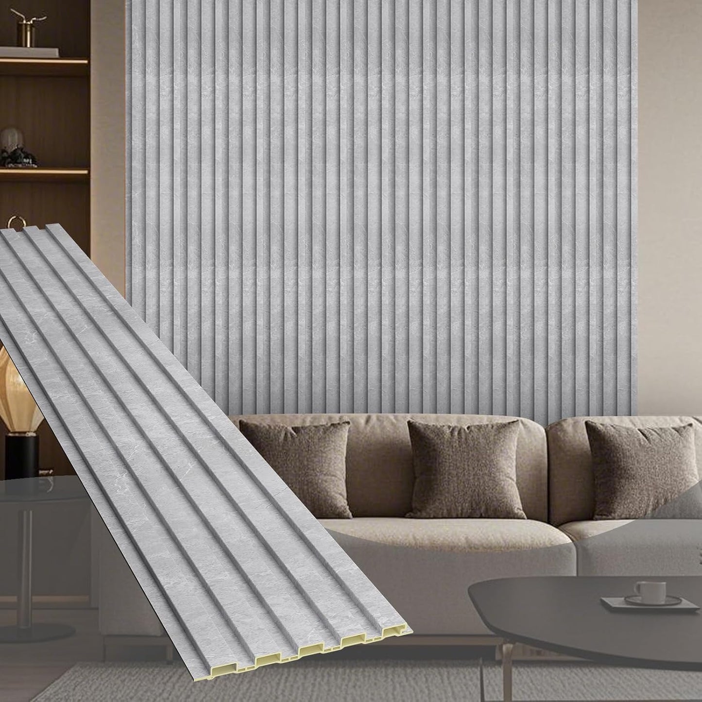 OUZUGIE WPC Acoustic Slat Wall Paneling, 8-Pack 96 x 6 Inches 3D Wall Panels for Interior Wall Decor,Living Room,TV Background,Study Room,Office Spaces,Bedroom,Low Grille (Gray Marble)