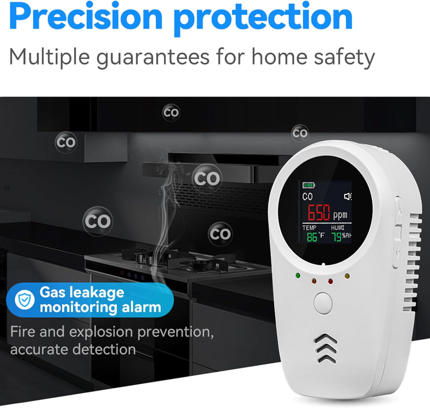 3PCS 5-in-1 Rechargeable Carbon Monoxide & Natural Gas Detectors with Temperature/Humidity LCD Display & 2000mAh Lithium-ion Battery, Portable Plug in Co Detector for Home Travel RV Essentials