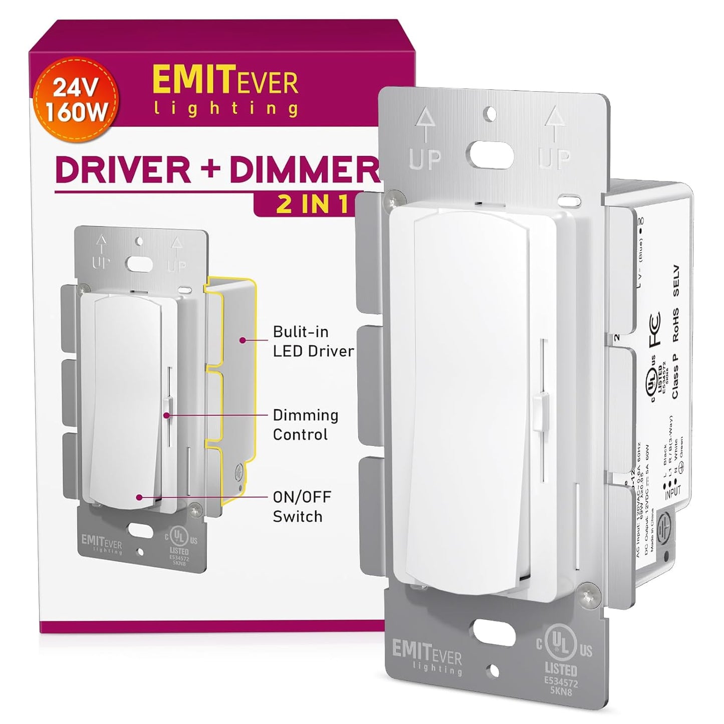 Dimmer Light Switch & 24V 160W Dimmable LED Driver 2 in 1, UL Listed Single-Pole or 3-Way Slide Dimmer Switches for Led Strip Lights,120VAC to 24VDC Power Supply for Low Voltage Project, Glossy White