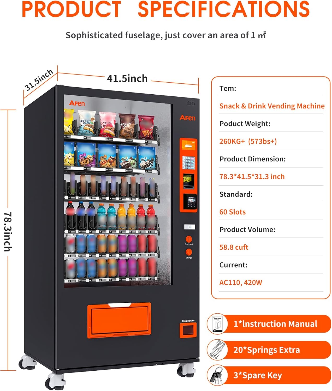 Afen Commercial Vending Machine Snack & Drink 60 Slot Refrigerated Soda Combo Vending Machine for Business Fatory Bulk Cashless, Bill Acceptor and Card Reader