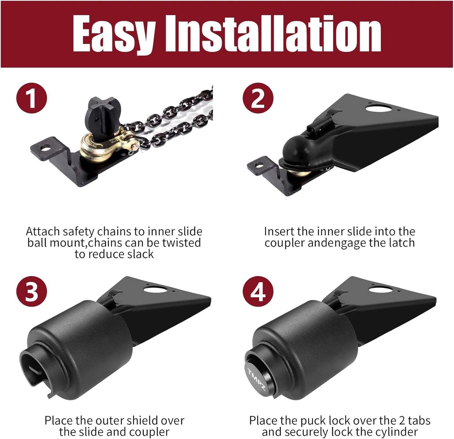 TMPZ Upgraded Heavy Duty Steel Trailer Hitch Lock for 2-5/16 Inch Couplers – Coupler Lock Secures Safety Chains, Anti-Theft Weatherproof Protection for RV, Boat, Camper & Utility Trailers (Black)