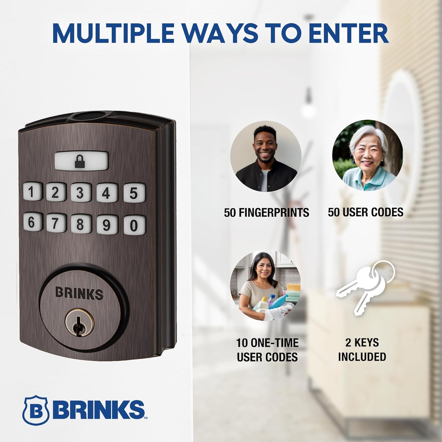 BRINKS Security Door Locks, High-Security Keyless Entry, Smart Electronic Door Lock with Deadbolt, Up to 50 Codes, Automatic Locking (Deadbolt & Passage Lever, Tuscan Bronze)