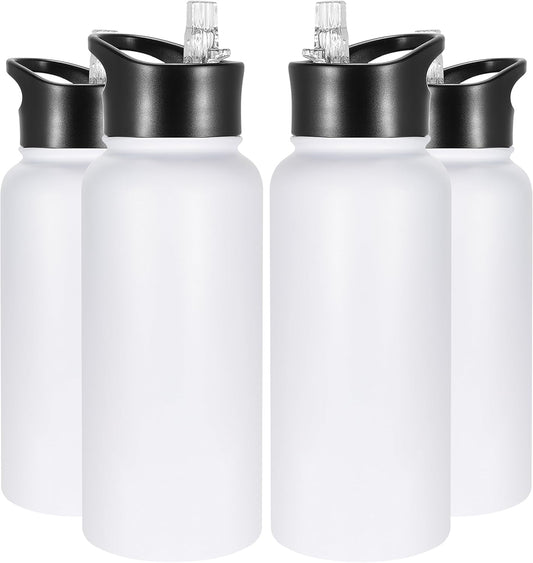 VEGOND 32 oz Insulated Water Bottle Bulk Stainless Steel Metal Water Bottles with Leak Proof Straw Lid & Spout Lid, Wide Mouth Double Walled Vacuum Travel Sports Bottle, 4 Pack