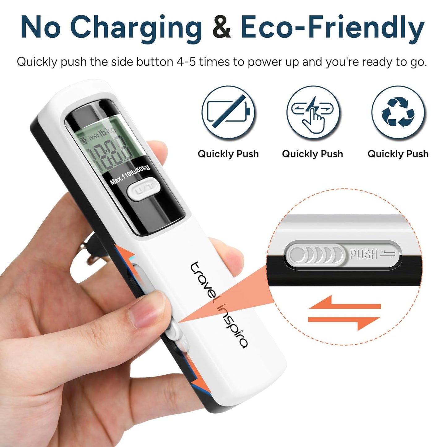 Battery-Free Luggage Scale, Suitcase Scale for Travel, 110 lbs/50 kg, Portable Handheld Weight Scale, No Batteries Needed