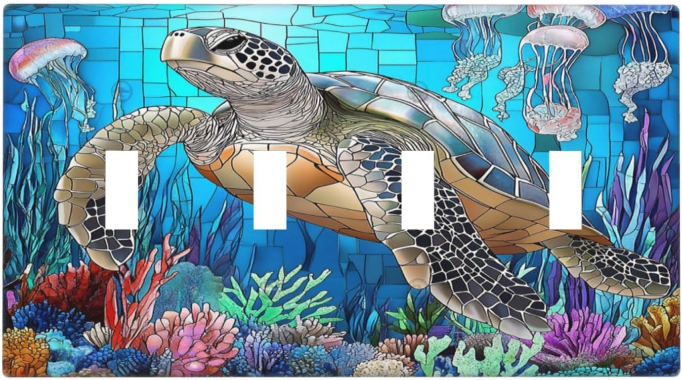 Light Switch Covers Nautical Sea Turtle Coral Jellyfish Quad Toggle Electrical Faceplate 4 Gang Wall Plate Decorative Switch Plates For Kids Room Nursery Decor