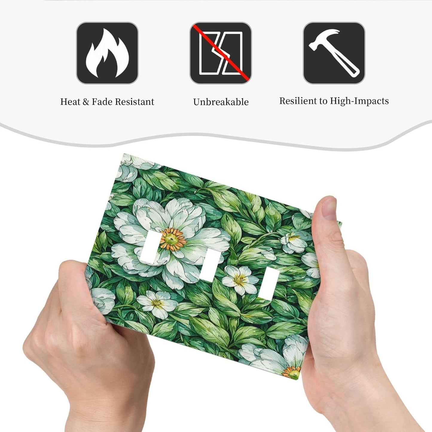 Vintage Floral White Flowers Green Plants Leaves Decorative Switch Plates 3 Gang Wall Plate Triple Toggle Light Switch Cover Electrical Wall Panels Faceplate for Bedroom Bathroom Decor