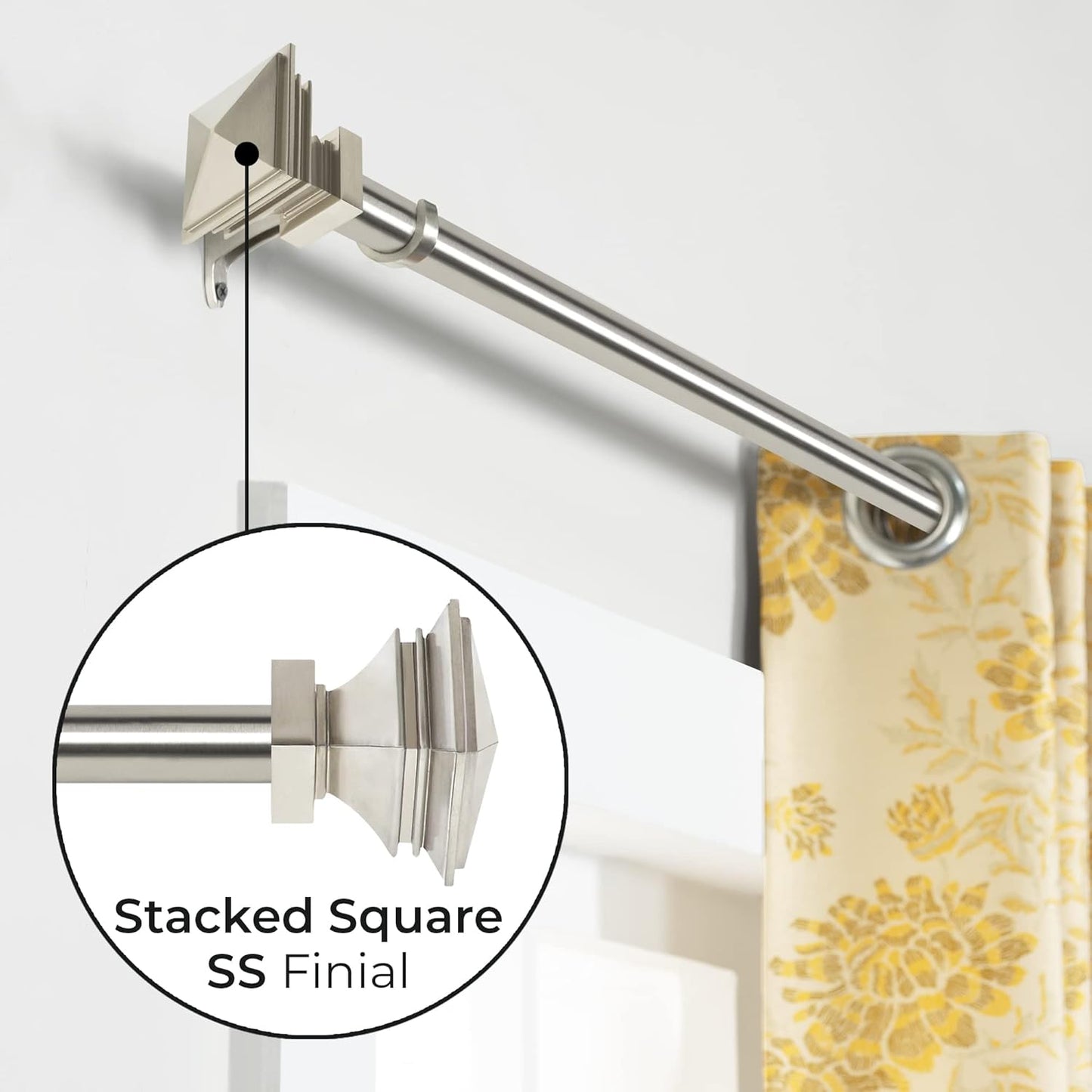 Deco Window 1 Inch Adjustable Satin Silver Curtain Rod for Windows & Doors Curtains with Square Finials & Brackets Set - 36" to 66"