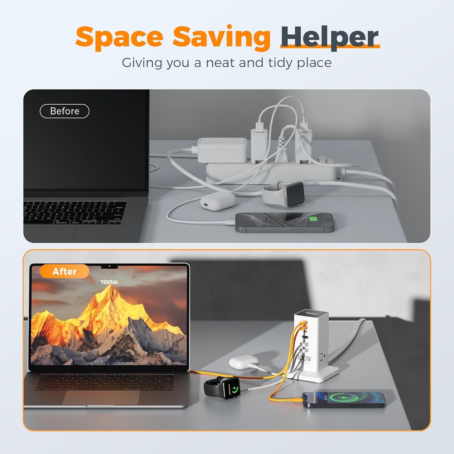 Charging Station PD 100W, TESSAN 9-in-1 USB C Power Strip for iPhone 17/16, MacBook, Tablet, Desktop Phone Fast Charger with 3 AC, 3 USB-A Ports, Home Drom Office Accessories, White