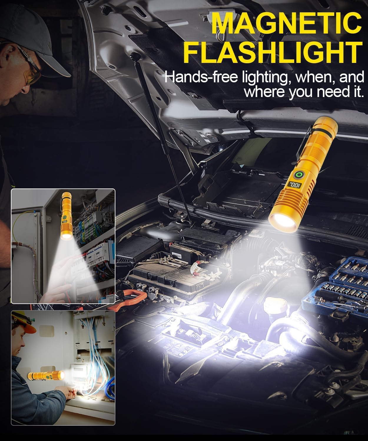 Rechargeable Flashlight High Lumens- Super Bright Magnetic Flash Light with Power Digital Display,3280Ft Long Range,Dimmable,Waterproof,Pocket Tactical LED Flashlights for Emergency,Gold 1PC