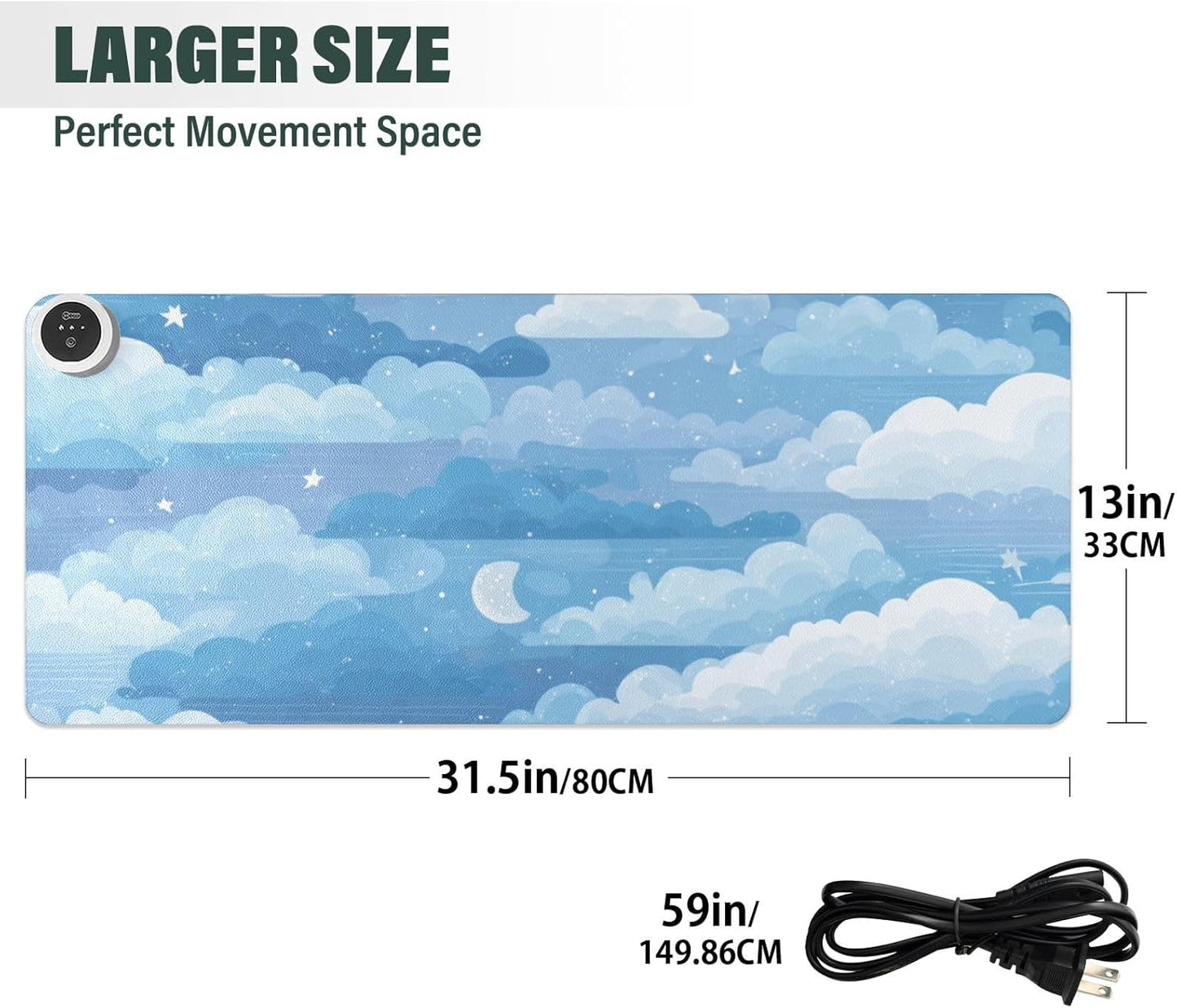 Heated Desk Pad Mouse Pad 31.5x13 Inch PU Leather Desk Mat with 3 Heat Levels Large Mouse Gaming Computer Laptop Mat Blue Gradient Cloud and Stars