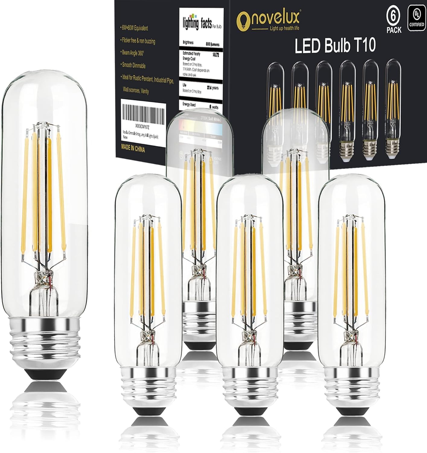 5 Inch Edison Bulb, 5000K Daylight White E26 Bulb 6W Dimmable, 800LM T10 T9 Clear Glass Tubular Light Bulbs, AC 120V Equal 80 Watt Bulbs for Chandelier Pendant Wall Light - 6Pack