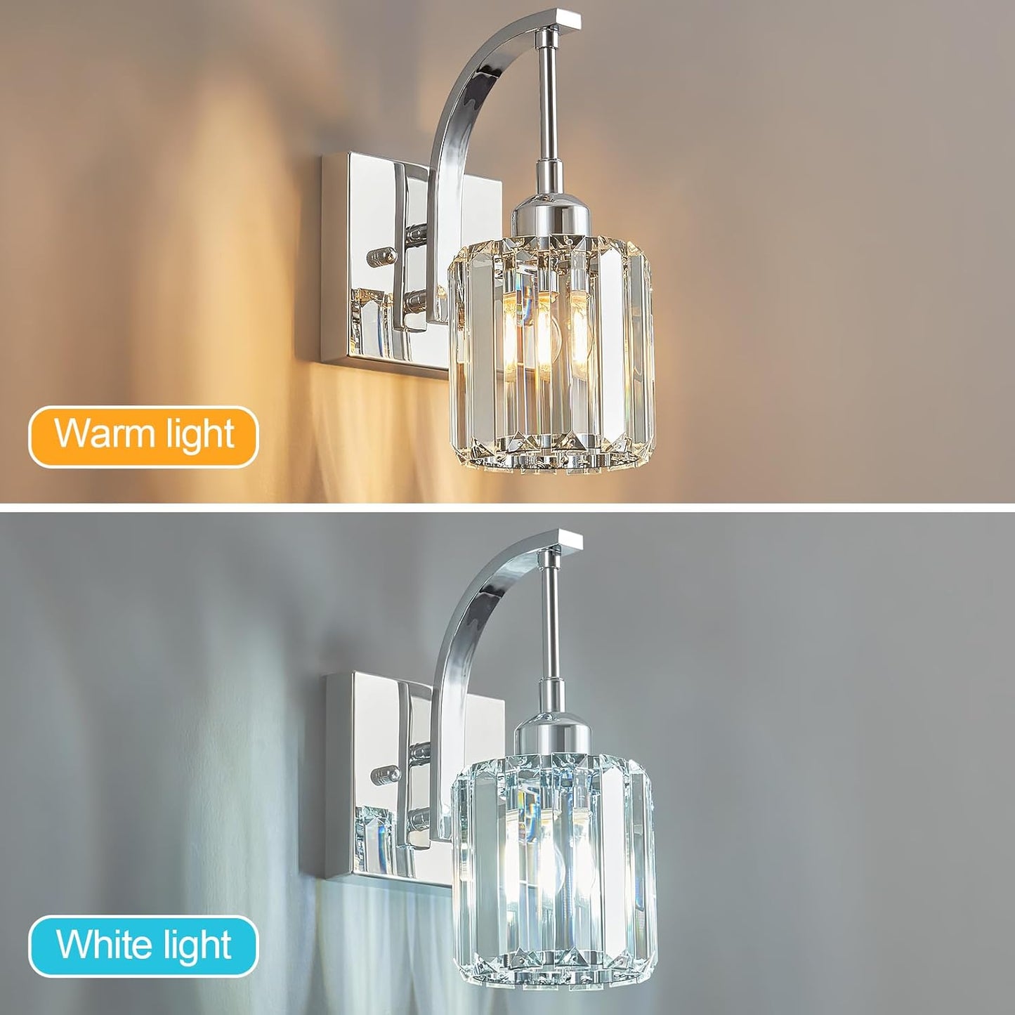 Wall Sconces, Set of 2 Chrome Crystal Vanity Lights, Modern Wall Lamp for Bathroom, Hallway, and Makeup, Easy Installation