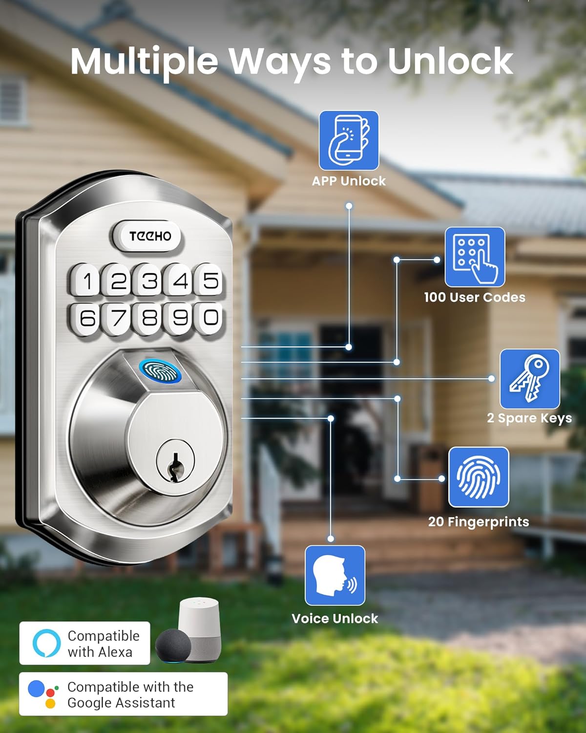 TEEHO TE012W-H WiFi Smart Door Lock with Handle, Fingerprint, Keypad, Key & App Control, Keyless Entry Deadbolt Set, Compatible with Alexa & Google Assistant, Easy Install for Front Door, Satin Nickel