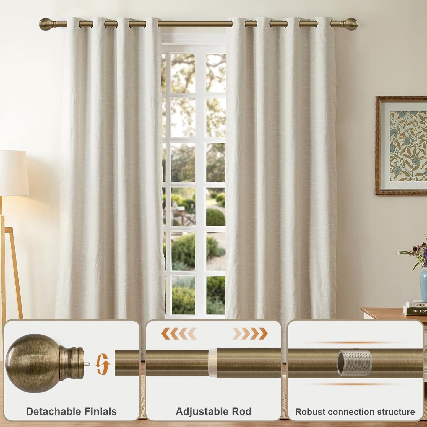 Antique Bronze Curtain Rods for Windows 28 to 48 Inch 1" Diameter Adjustable Heavy Duty Brass Window Curtain Rod with Metal Finials for Living Room Bedroom Farmhouse Kitchen Outdoor