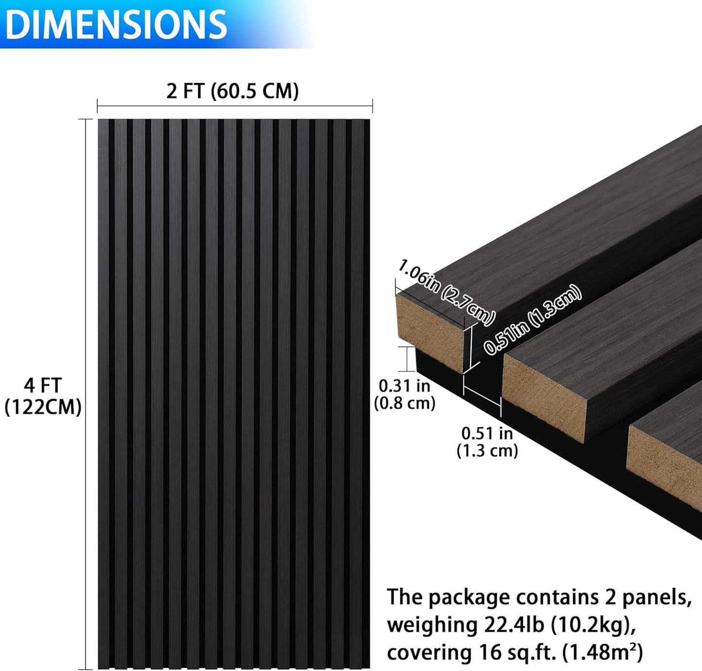 3D Slat Acoustic Wall Panels with Wood Finish Accent, 2 Pack Sound Absorbing Paneling for Studio, Office, Living Room, Bedroom Interior Decor (Matte Black, 48''L x 24''W)