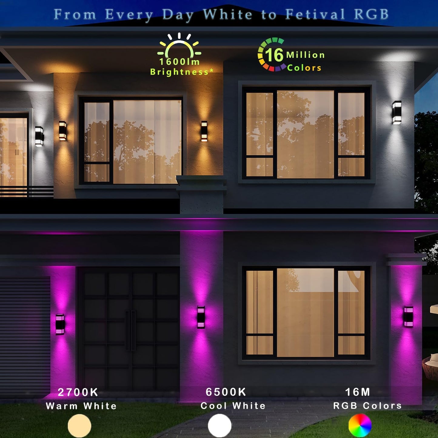 Smart Outdoor Sconce Lights 2 Pack, Up Down Wall Porch Lights RGB Color Changing WiFi APP Control, Dimmable LED Exterior Wall Lighting Fixtures Work with Alexa,No Hub Required,ETL Listed