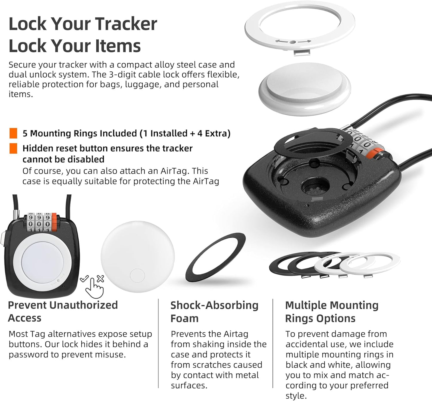 [Apple MFi Certified] iOS GPS Tracker Tag & Holder Case with Combo Cable Lock, Compatible with Apple Find My, Locking AirTag Holder for Luggage Travel Tracking, Backpack, Suitcase, Kids School Bag